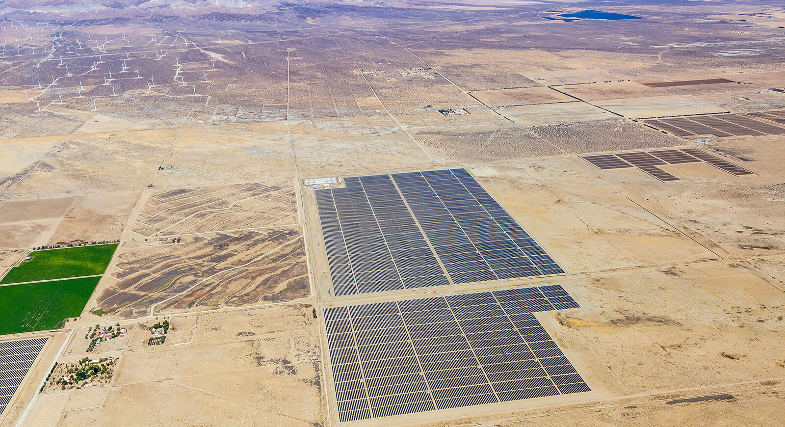 Aerial view of solar panels on the plain