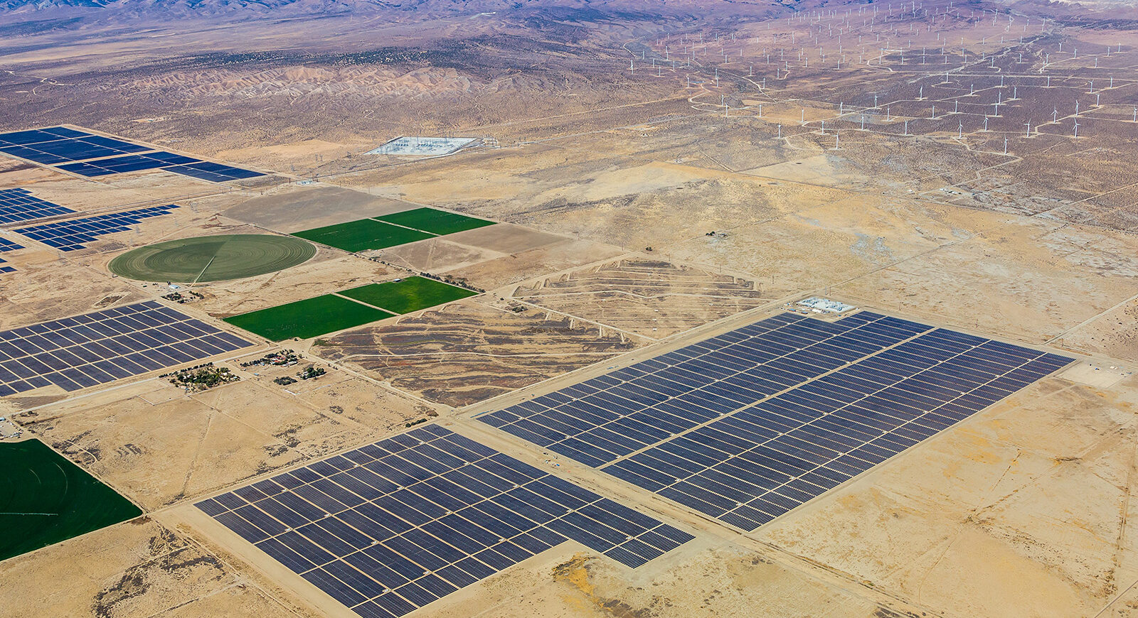 Aerial view of solar panels on the plain