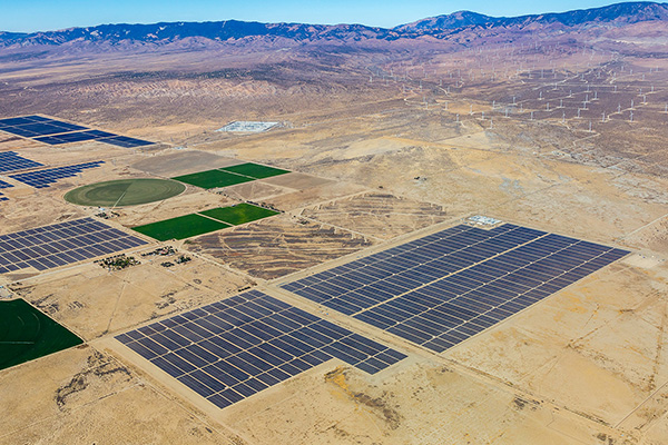 Aerial view of large solar panel installation