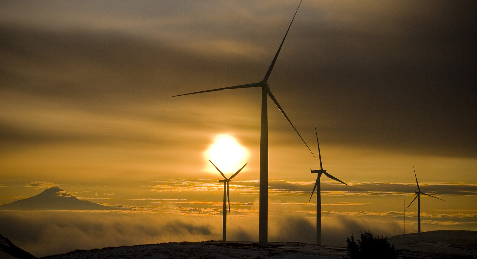 Sunset with wind turbines backlit in foreground