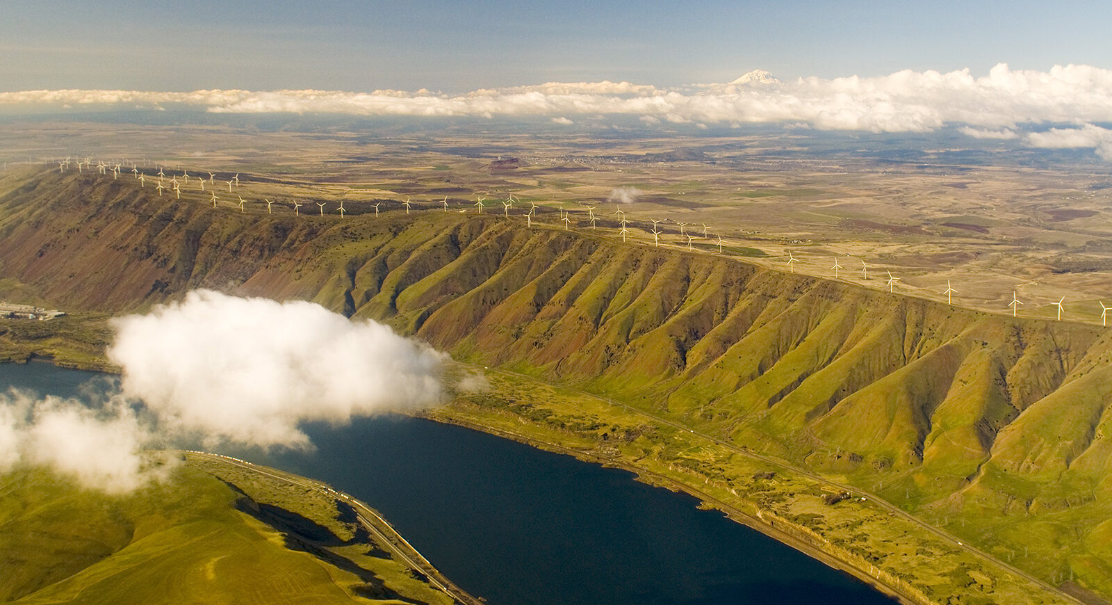 The ridge overlooking a river with many wind turbines along its edge