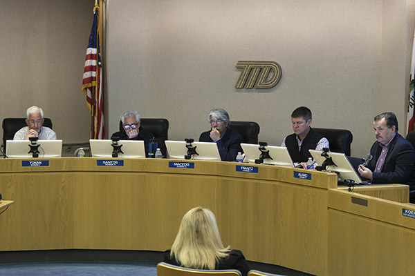 Board members of TID sit at desks during a meeting.