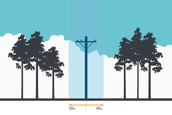 Graphic of trees and one power line, highlighted areas on either side of the power line is 10 ft of space.