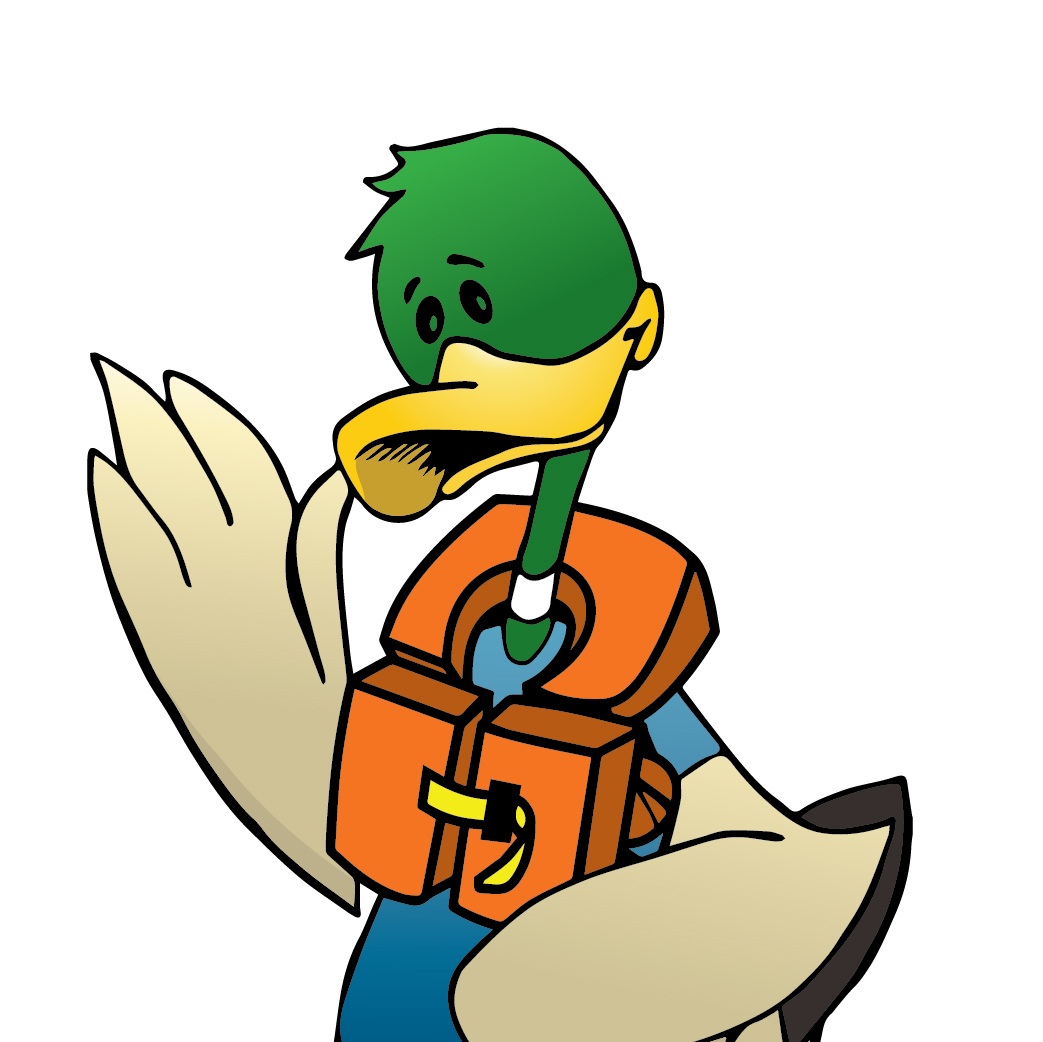 Dexter the Duck Mascot in a lifejacket
